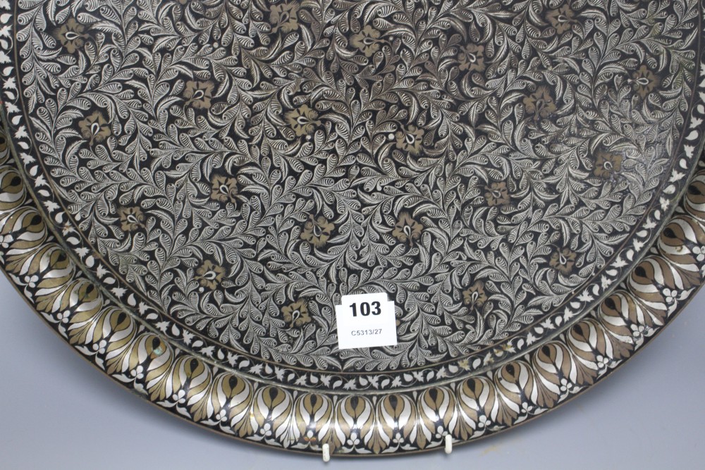 A Cairoware brass inset pewter tray, diameter 54cm